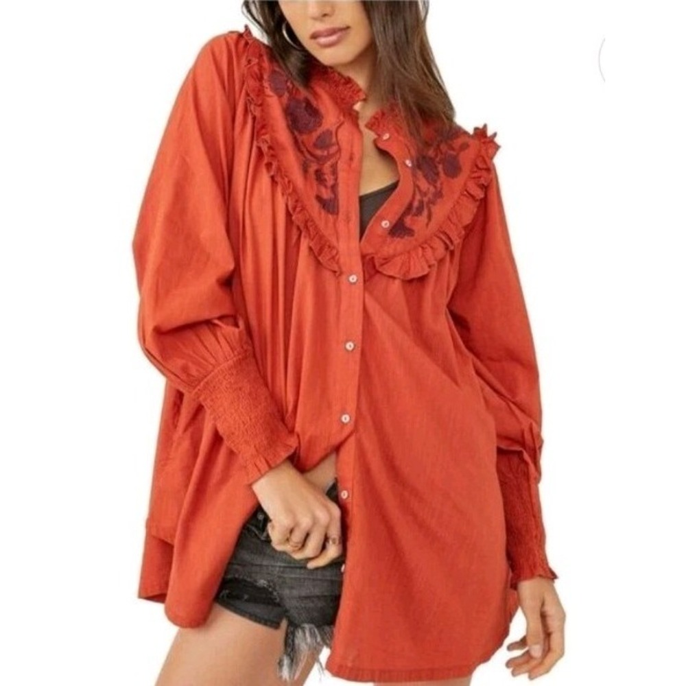 Free People Embroidered Burnt Orange Ruffle Blouse Smocked Cuff Xs Pockets